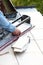 Man cutting tile by cutter