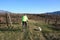 Man cycling through abandoned vineyard with a small dog beside