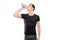 Man in cyclist clothes drinking water