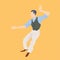 Man dance lindy hop. Stylish retro man in trousers, blue shirt and green waistcoat. Vector illustration.