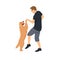 Man dancing with his cute golden retriever dog