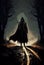 A man in a dark raincoat walks along a moonlit road. AI generated