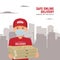 Man from delivery service in red t-shirt, in protective mask holding three boxes pizza on city background.