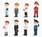 Man different professions Vector. Fireman, policeman, constructor, doctor, cook, pilot. Cartoon characters