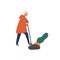 Man digging out big beet flat vector illustration. Young farmer with shovel cartoon character. Harvest season, husbandry
