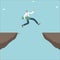 Man with a direction arrow in his hand is jumping from a cliff