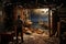 A man in a disarrayed room gazes through a wall hole at a bright, serene seascape with towering rock formations