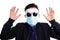 Man in disguise scaring and wearing face mask. White background. Wearing sunglasses.