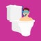 Man dives in toilet bowl. Man in swimming mask and snorkel. vector illustration