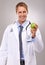 Man, doctor and apple in studio portrait, medical expert and dietician on gray background. Happy male person, fruit and