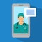 Man doctor with stethoscope on the screen, concept of online diagnostics, vector illustration. smartphone medical application. mob