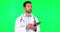 Man, doctor and thinking with tablet, green screen in studio background for cardiology with indian. Service, male