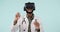 Man doctor and VR or futuristic glasses with healthcare software, metaverse vision and experience in studio. Medical