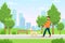 Man with dog flat vector illustration. Morning stroll, summertime city recreation, leisure in park. Guy walking pet