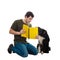 Man and dog reading book