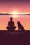 Man and dog silhouette by the lake with mountain landscape at sunset adventure design