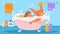 A man with dog takes shower in the bath vector illustration.