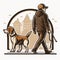 Man dog walker with dog enjoying in walk. Dog walker and sitter. Cartoon vector illustration