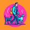 Man dog walker with group of dogs enjoying in walk. Dog walker and sitter. Cartoon vector illustration