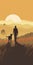 Man And Dog Walking At Sunset In An Evening Field - Adventure Themed Graphic Design Poster Art