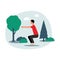 Man doing squats exercises outdoors in park flat vector illustration isolated.