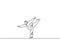 Man is doing Taekwondo training continuous single line drawing vector illustration. Pofessional senior male standing with one leg