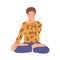 Man doing yoga flat vector illustration. Young boy practice breathing techniques in lotus pose cartoon character. Male