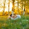 Man doing youga in a park at sunset. Healthy lifestyle.