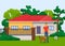 Man with domestic animal dog standing on lawn outside in front of private house with fence vector illustration. Owner