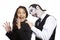 Man in dracula fancy dress costume biting girls neck