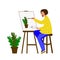 A man draws on canvas. The artist is working on a painting. The guy portrays a pot of flowers.