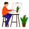 A man draws a picture. The artist holds a brush and paint. The character sits at the easel.