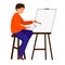 A man draws a picture on canvas. The artist holds a brush and paint. The character sits at the easel.
