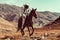 Man dressed as astronaut rides horse through desert-like landscape. Generative AI