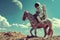 Man dressed as astronaut rides horse in front of full moon. Generative AI