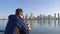 Man drinking coffe at morning on San Diego City