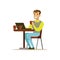 Man Drinking His Third Cup Of Coffee In The Coffee Shop While Video Chatting On His Lap Top Vector Illustration