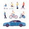 Man drive. Guys on scooter and bike, gyro scooter and skateboard. Male driving car vector illustration