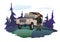 Man driver stands next to the SUV on a forest road. Jeeping emblem. Traveling by off-road car. Vector isolated