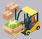 Man driving and controling the forklift illustration, carries a cardboard box with a gift inside