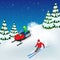 Man driving sports snowmobile and skier. Isometric vector illustration