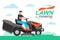 Man driving a tractor lawn mower in garden