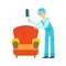 Man Dusting Armchair With Brush, Cleaning Service Professional Cleaner In Uniform Cleaning In The Household