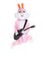 Man in a easter bunny costume plays music on guitar, jumps, have fun on white background. Funny hare or rabbit guitarist