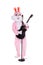 Man in a easter bunny costume plays music on guitar, sings with retro microphone, have fun on white background. Funny