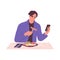 Man eating English breakfast, using mobile phone. Young person sitting with morning food at dining table, chatting