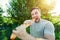 Man eating French bread