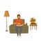 Man eating pumpkin pie sitting at home on a sofa