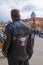 Man with embroidery on a leather motorbike jacket, Podebrady castle on back