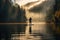 A man engages in stand-up paddleboarding on a serene lake